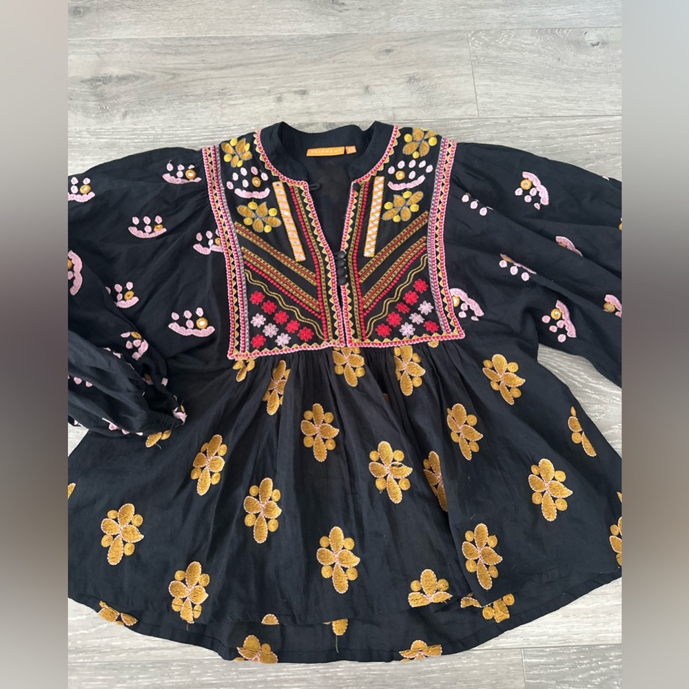 Oliphant Black Girls Embroidered Floral Peasant Top with Pink & Gold Accents